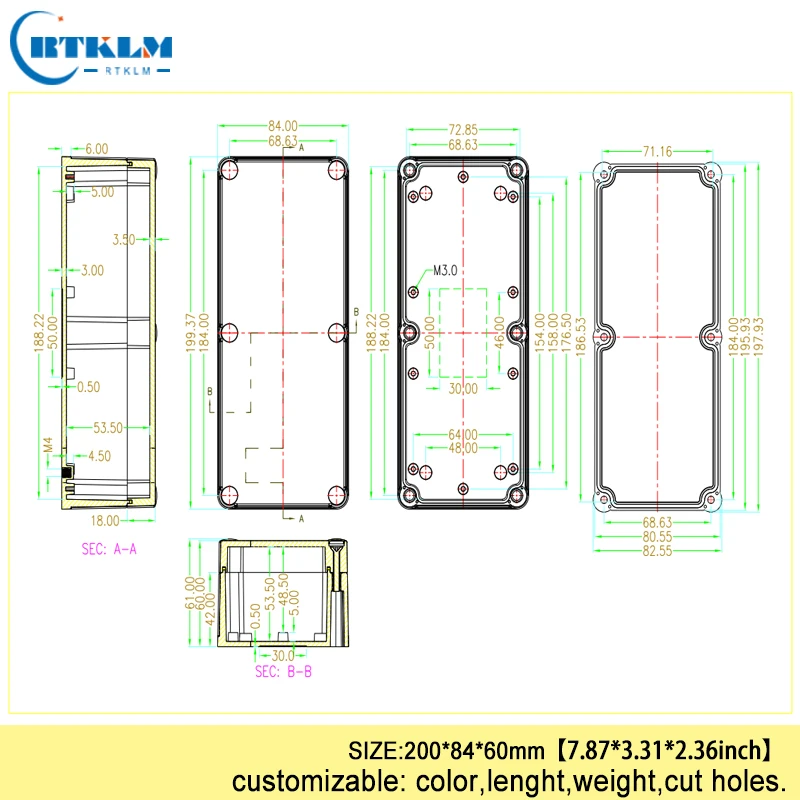 ABS Plastic Waterproof Enclosure Outdoor Electrical Transparent Box DIY Instrument Case Wire Connection Box 200*84*60mm