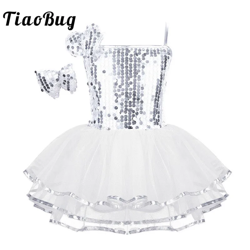 

TiaoBug Kids Girls Sequin Stage Performance Modern Jazz Dance Costume Child Spaghetti Straps Mesh Ballet Tutu Dress Hairclip Set