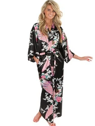 Brand New czarne kobiety jedwabne Kimono szaty długa seksowna koszula nocna nadruk w stylu Vintage koszula nocna kwiat Plus rozmiar S M L XL XXL XXXL A-045