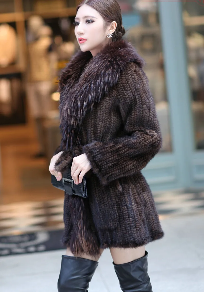 genuine mink fur knitted coat Ladies fashion outerwear with long big raccoon collar autumn winter black brown 80cm length   K203