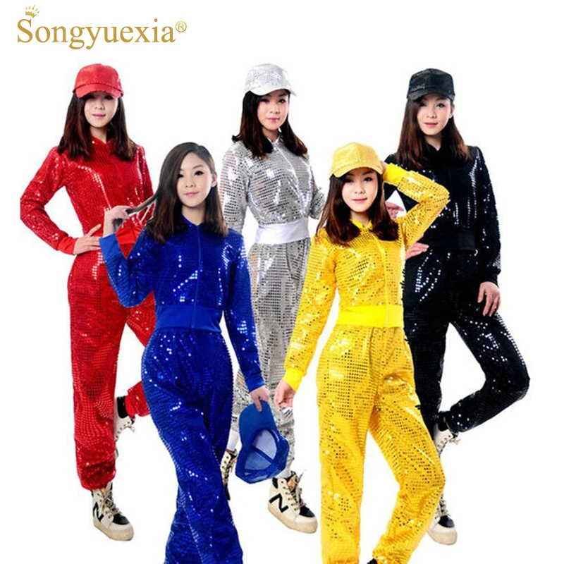 SONGYUEXIA Adult Jazz Hiphop Modern Dance Wear Paillette Stage Performance Clothing woman sequins Cheerleading dance costuems