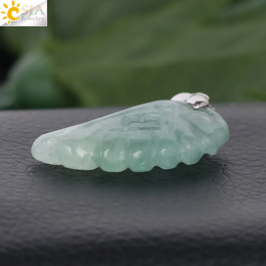 CSJA Green Fluorite Jewelry Natural Crystal Stone Carved Angel Wing Pendant Necklaces for Men Women Fashion Jewellery Lover F295