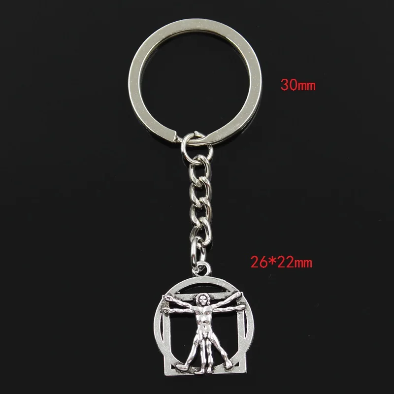 Fashion 30mm Key Ring Metal Key Chain Keychain Jewelry Antique Bronze Silver Color Plated Da Vinci Human Figure 26x22mm Pendant