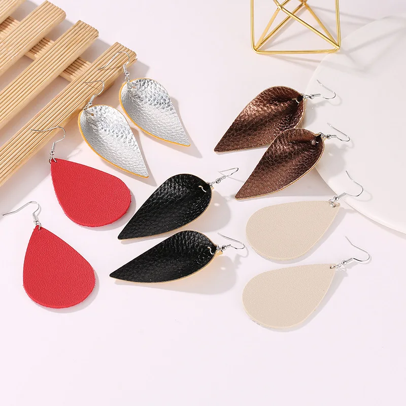 Two Kinds PU Leathers Tree Leaf  & Drip Black Golden Red Pink White Brown Drop Earrings Leopard Dangle Earrings For Women