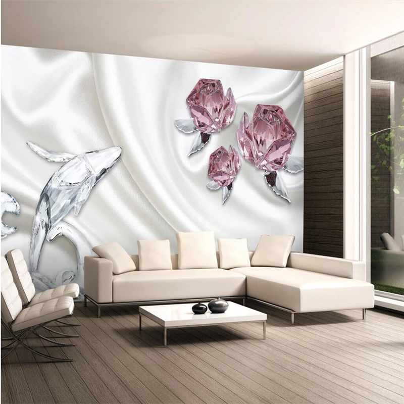 beibehang papel de parede,Custom Photo Wallpaper Large Mural Wallpaper 3D Stereo Rose Crystal Dolphin TV Background,wall paper