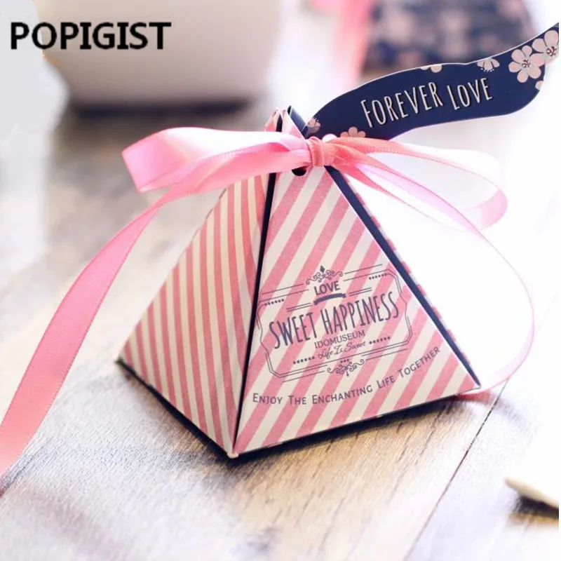 

Floral Printed Striped Triangular Pyramid Party Gift Box Wedding Favors Candy Boxes Bomboniera + Ribbons & Tags 100PCS