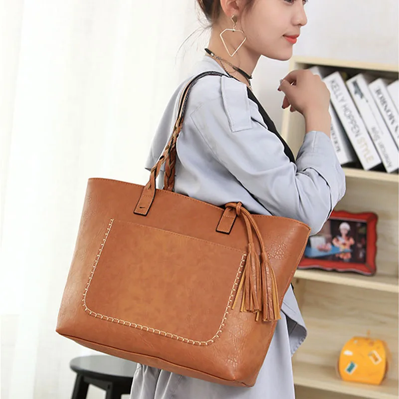 Vintage Handbag Women Brown Leather Shoulder Bag Ladies Retro Tote Large PU Handbags bolso 2020 Fashion Big Black Bags XA540D