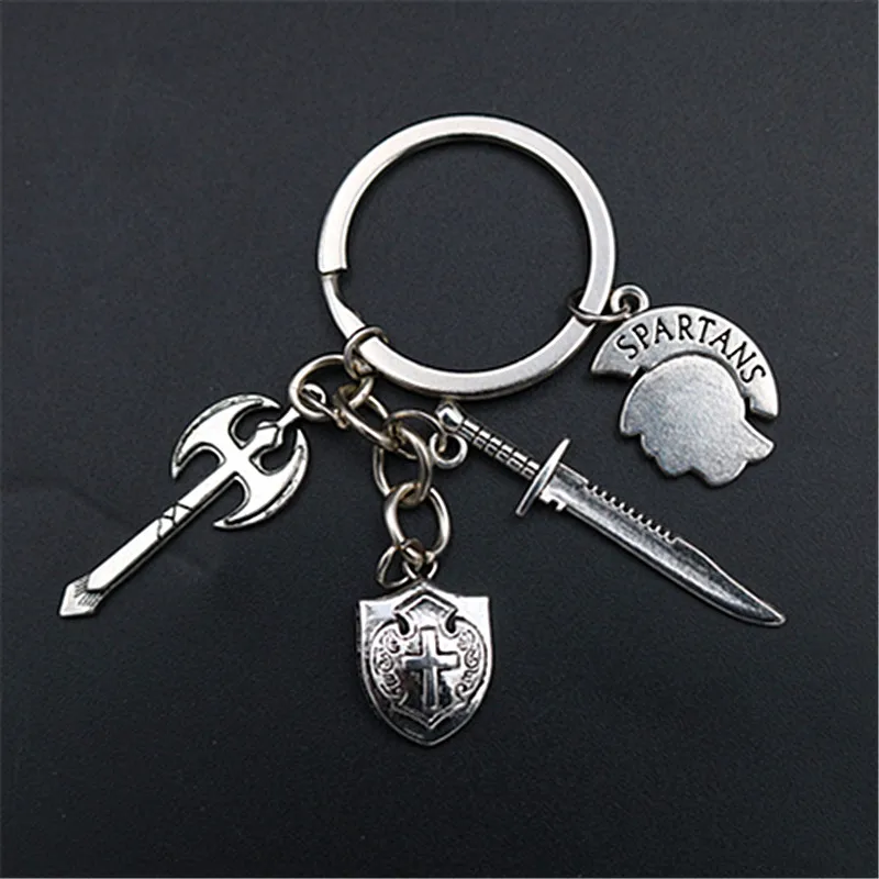 WKOUD 1pc Spartan Warrior Tomahawk Saber Cross Shield Pendant DIY Creative Handmade Jewelry Metal Key Chain A1545