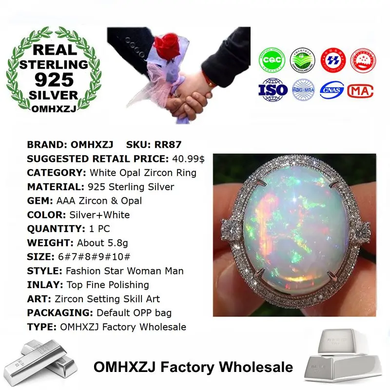 OMHXZJ Wholesale European Fashion Woman Man Party Wedding Gift White Round Opal AAA Zircon 925 Sterling Silver Ring RR87