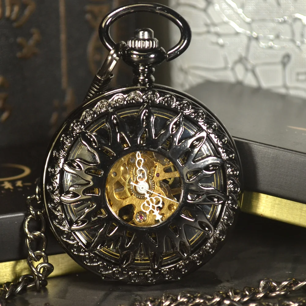 Luxury Skeleton Black Retro Antique Skeleton Mechanical Pocket Watch Men Chain Necklace Business Casual Pocket & Fob Watches