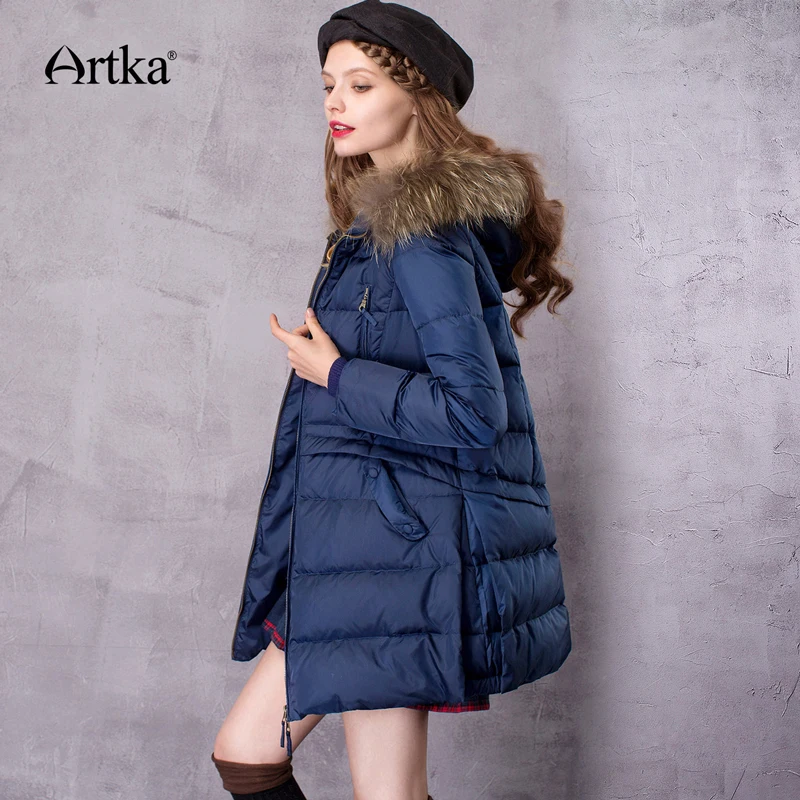 ARTKA Women\'s Mid-Length Down Coat With Raccoon Fur Hood With 90% Down Parka Female Long Winter Puffer Jacket ZK11669D