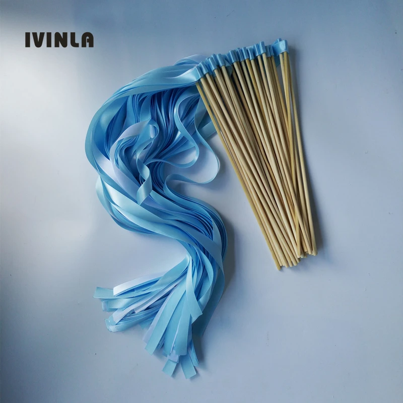 50pcs/lot  light blue white wedding ribbon stick wands Twirling Streamers  without bell for wedding decoration