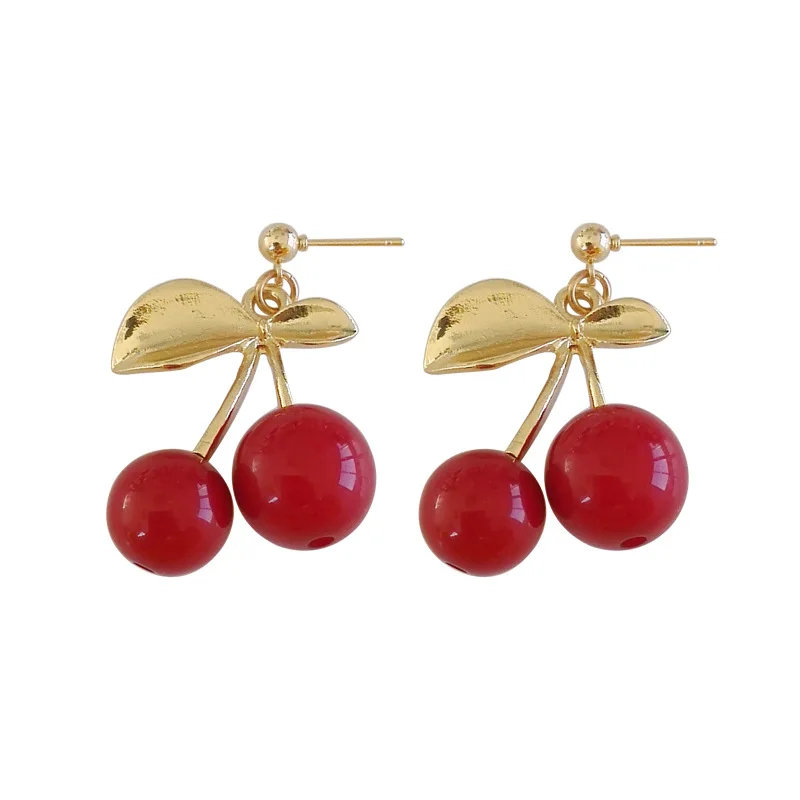 Gold Color Leaf Small Big Red Round Cherry Earrings Brincos Glass Cherries Fruit Pendant Clip Earrings For Women Lady Femme