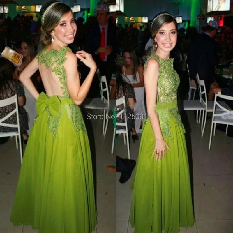 Vestido de noche largo de encaje verde, cuello alto, apliques de encaje, línea A, sin espalda, Sexy, para fiesta