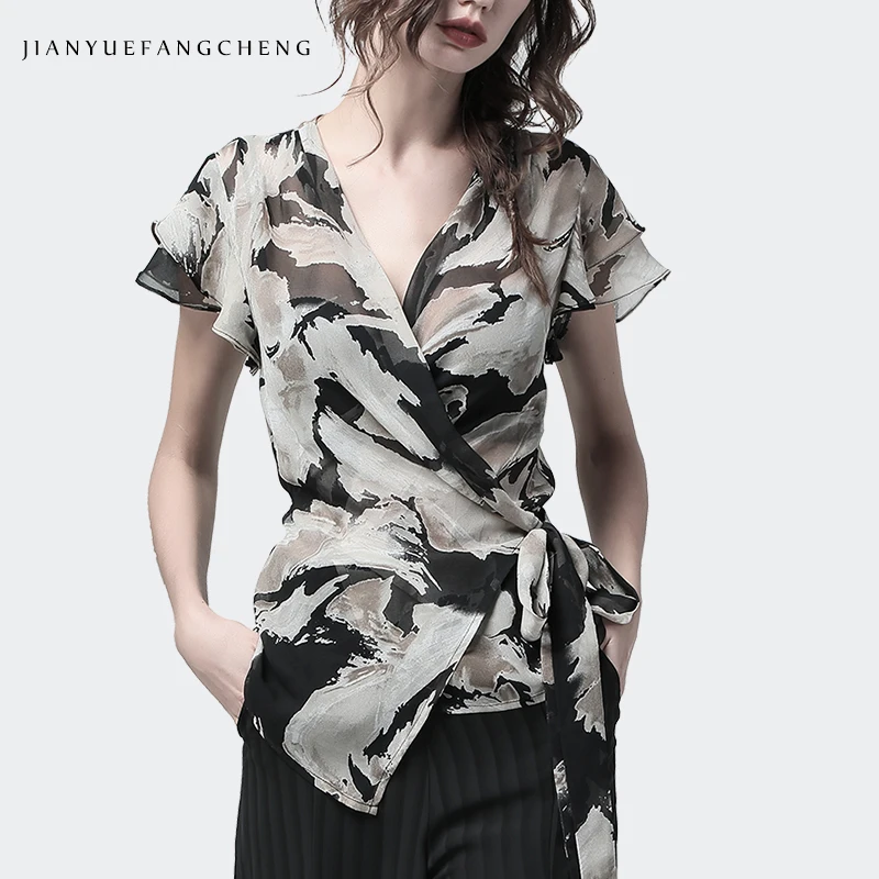 

Fashion Camo Color Chiffon Blouse Women Top Short Sleeve Crossed V Neck With Belt Lace-Up Elegant Casual Female Summer Shirts