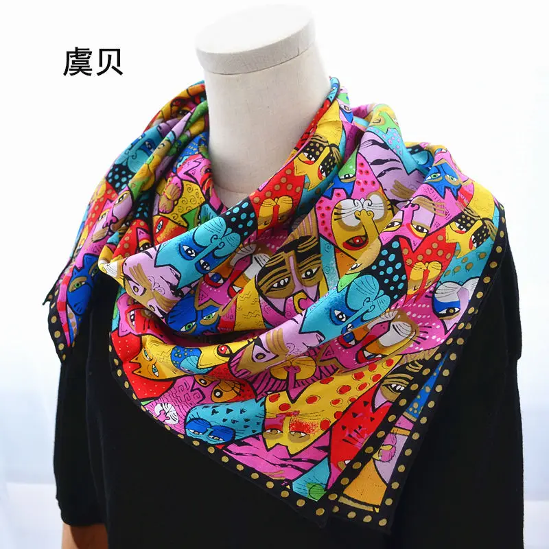 Cartoon cat 100% real natural silk scarf for girl and woman scarves gift spring autumn winter square scarves female wrap 85*85cm