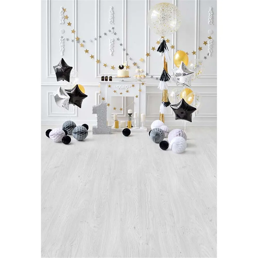 

Baby 1st Birthday Party Photo Backdrop Wood Floor Printed Colorful Balloons Stars One Year Old Boy Photography Studio Background