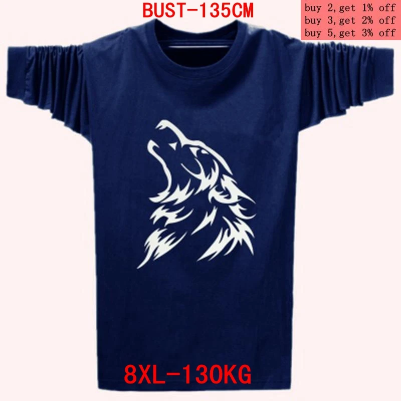 Men\'s big T-shirt large size 5XL 6XL 7XL 8XL autumn and winter long-sleeved round neck big wolf head print black gray blue