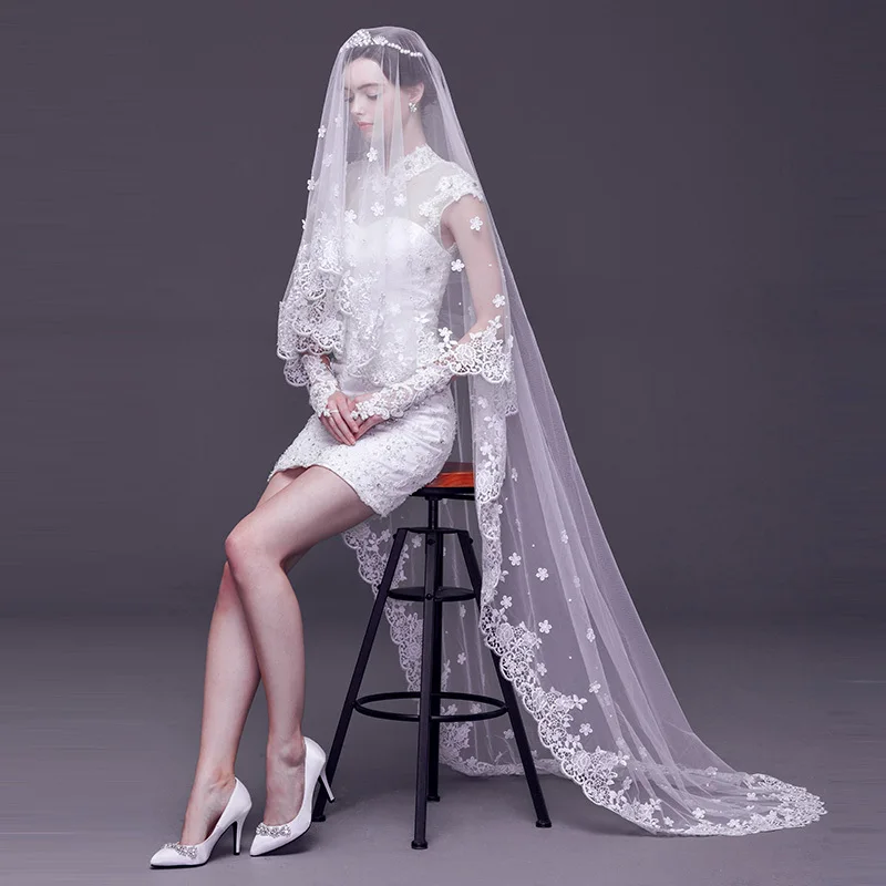 

2016 new Long section of white flowers Duolei Si Bridal Veils 3 meters can be customized high-end wedding bride wedding veil