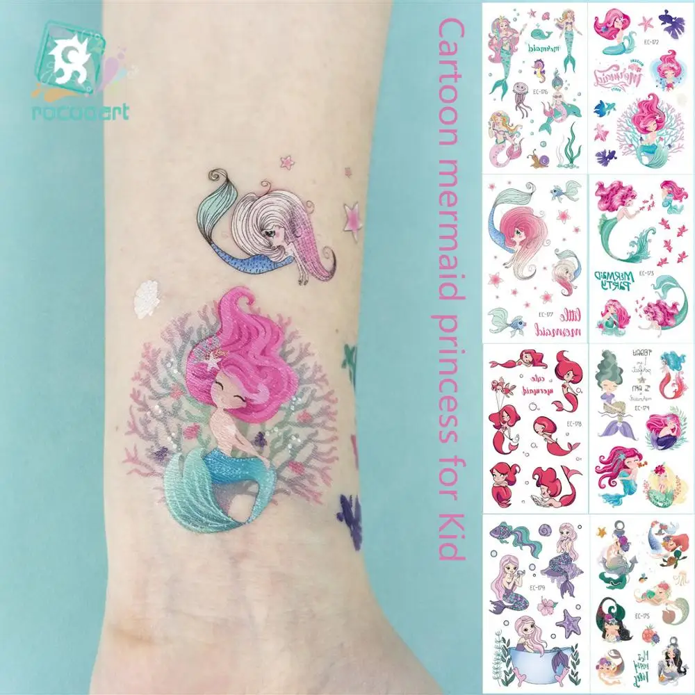 Rocooart Cartoon Temporary Tattoo Mermaid Fake Tattoo Colorful Kids Taty For Children Present Ocean Animals Flash Tatoo Hand