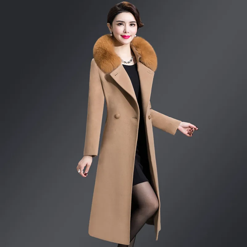 M-5XL Women Wool Blends Coat Autumn Winter 2024 Fashion Mother Fox Fur Collar Thicken Woolen Jacket Long Outerwear Tops Female