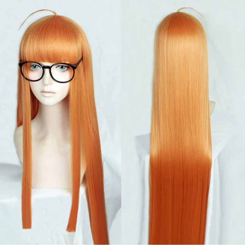 Peluca de Cosplay resistente al calor, P5 Persona5 Futaba Sakura, 100cm, larga y recta, naranja cítrico, pista y gorro