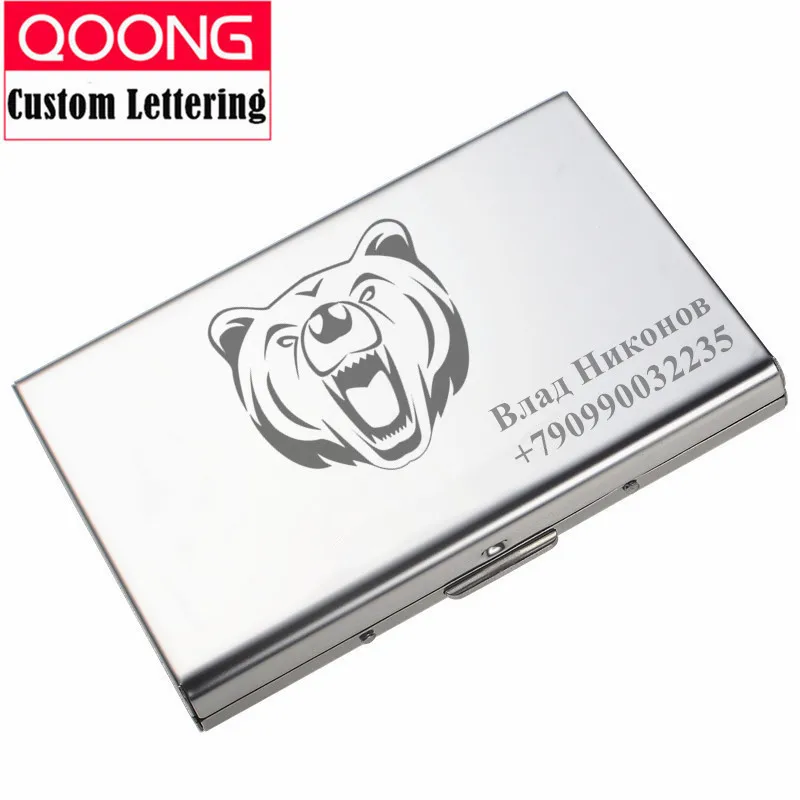 

QOONG Custom Lettering Stainless Steel RFID Blocking Business Men Women Credit ID Card Holder Metal Card Case Travel Card Wallet