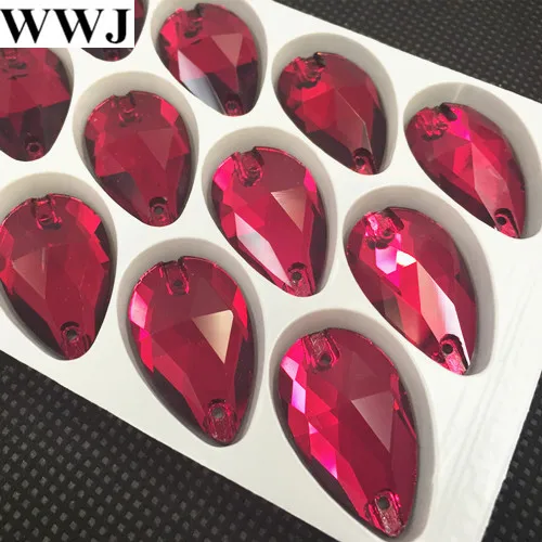 15pcs/lot 17x28mm Fuchsia Color Teardrop Glass Crystal Sew on Rhinestone Flatback 2 holes Pear Droplet Sewing Crystal Beads