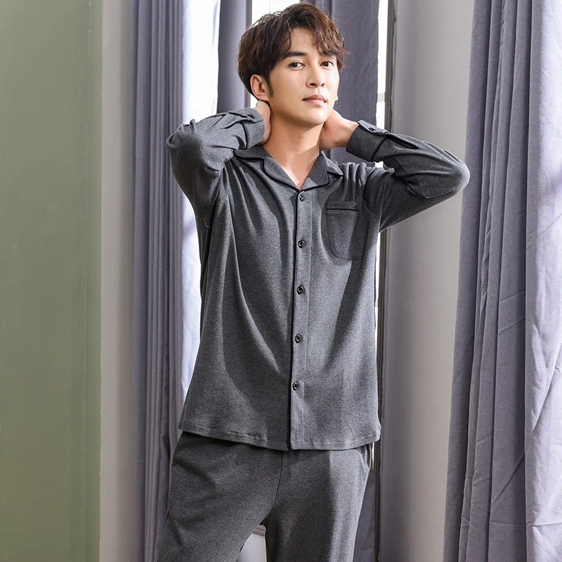 남성 잠옷 가을 긴 소매 전체 면화 잠옷 잠옷 남성 어두운 회색 라운지 잠옷 큰 야드 Nightwear M - 3XL 설정