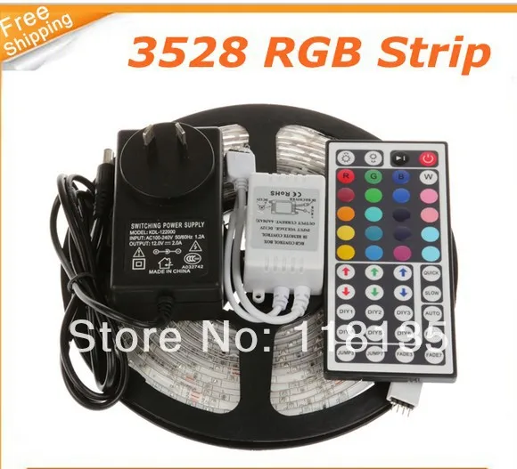 

Hot sale 5M 300leds 60leds/m 3528 RGB waterproof Flexible LED Strip + 44key remote + 2A adapter for indoor outdoor FreeShipping