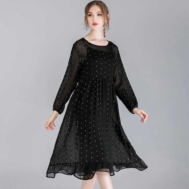 

Women's Loose Chiffon Dress, High Waist, Round Neck, Long Sleeve, Elegant, Casual, Spring, Autumn, New, 2 Pcs