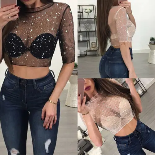 S-XL Transparent Sequins Crop Top Women Short Sleeve Flower Mesh Sheer Camisole Crop Top Female Shirt Tee Top Women