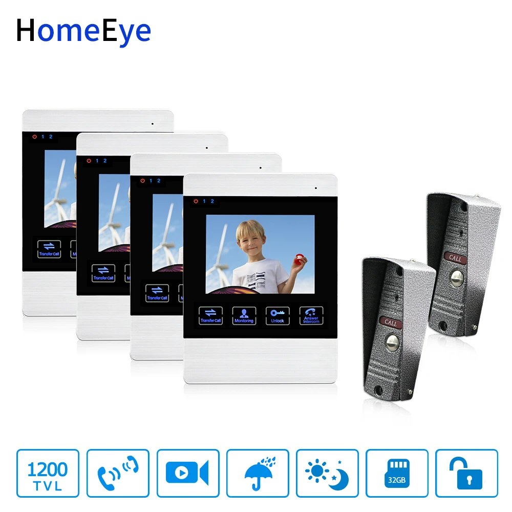 HomeEye 4-Wired 2-4 Access System Video Door Phone Video Intercom Touch Button Doorbell Camera 4'' Monitor Video Record OSD Menu