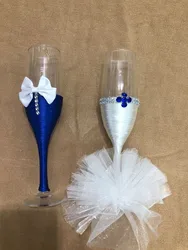 Newest 1 pair/lot blue and white Bowknot wedding Champagne Toasting Glasses Set  for wedding decoration