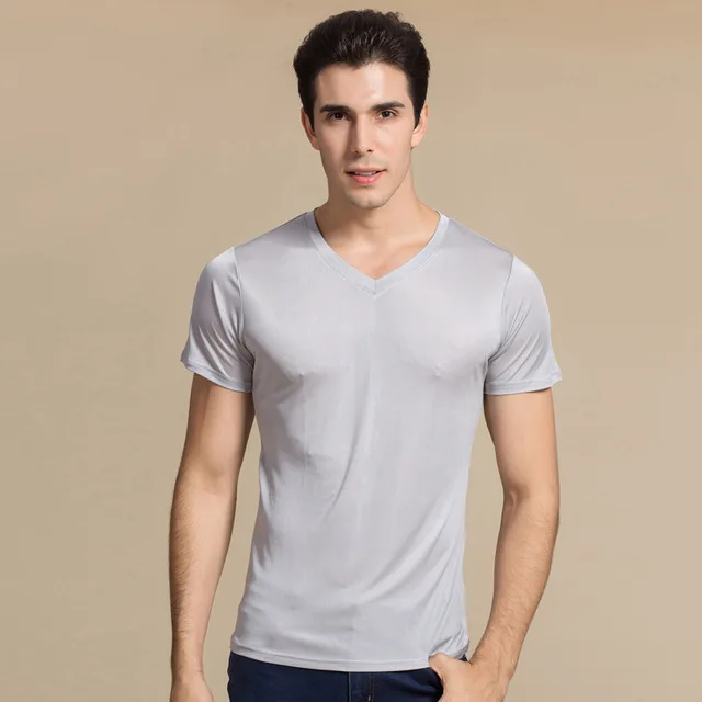 

High Quality 100% Pure Silk Men's Undershirts Male Short Sleeve Shirts Men Casual Tee Shirt Man V-Neck T-shirt Vestidos GSY7002