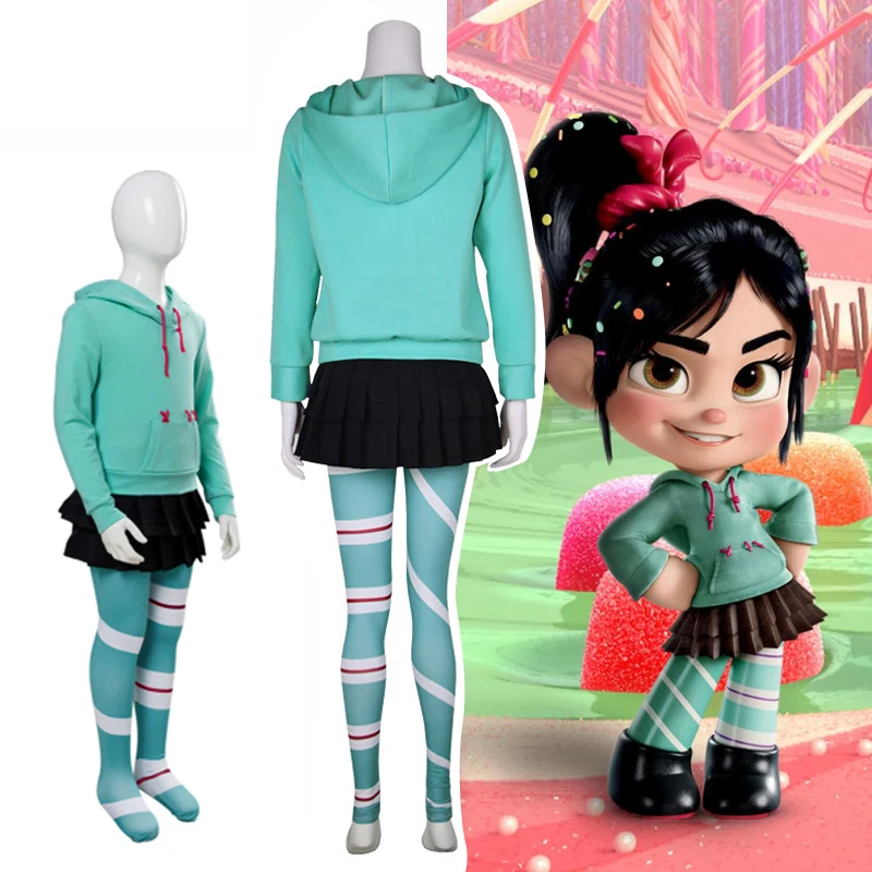 Movie Breaks Internet:Wreck-It Ralph Vanellope Von Schweetz Cosplay Costume Hoodies Skirt Pantyhose For Kids Adult