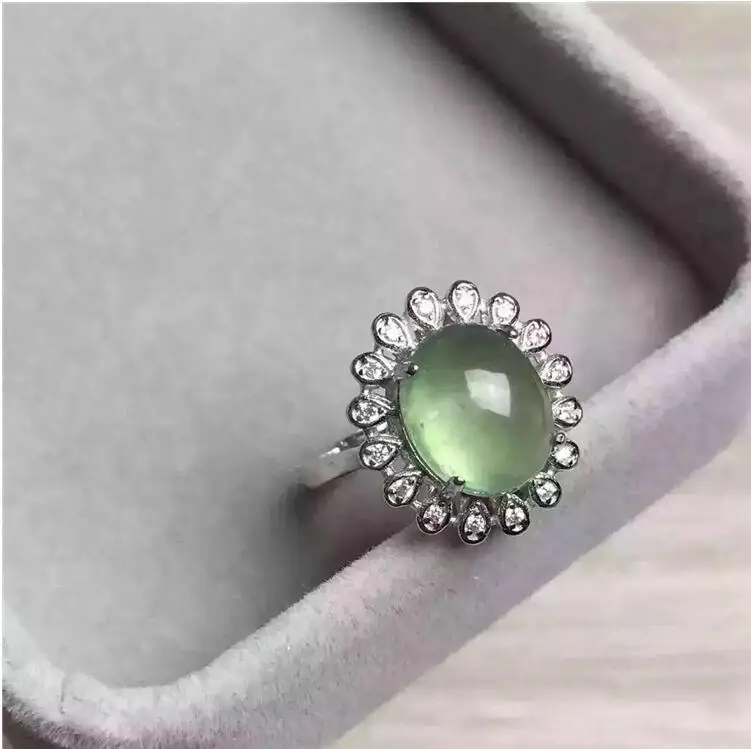 Woman Natual Prehnite Ring Free shipping Natural real Prehnite Ring 925 sterling silver Gem Size 7*9mm