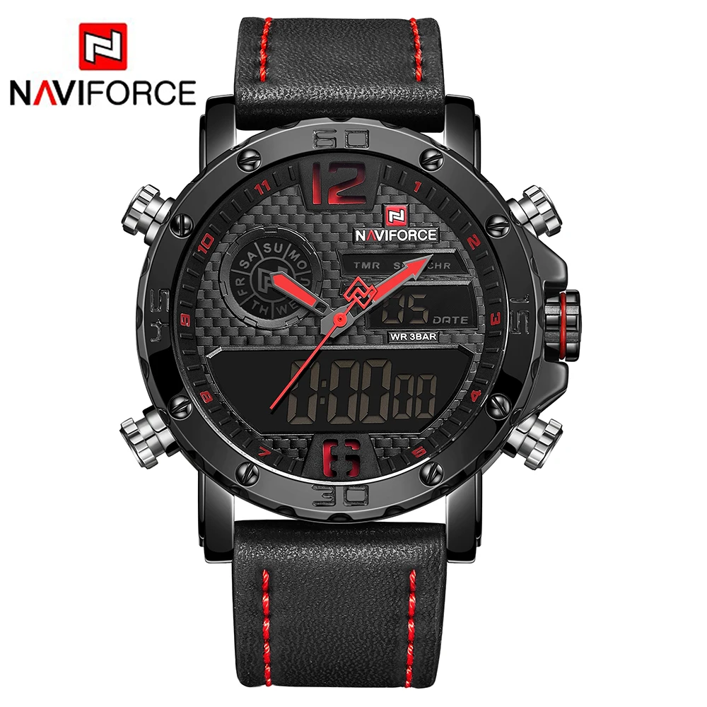 NAVIFORCE Mens Watches Top Brand Luxury Original Sports Watch Men Leather 30M Waterproof Miliary Dual Display Wristwatch Clock