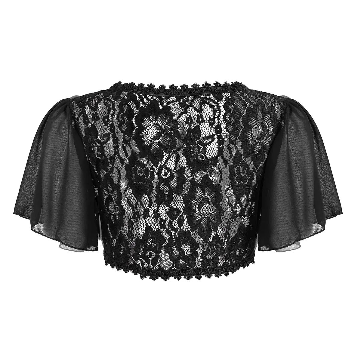Female Womens Fashion Short Bell Sleeve Floral Lace Sheer Open Front Chiffon Shrug Cardigan Top for Wedding Dress Clothes Shrug