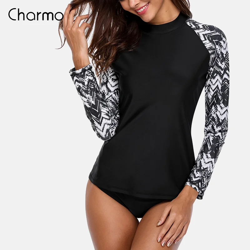 

Charmo Women Long Sleeve Rashguard Swimsuit Floral Print Swimwear Surfing Top Running Shirts Rash Guard UPF50+ Wave Beachwear