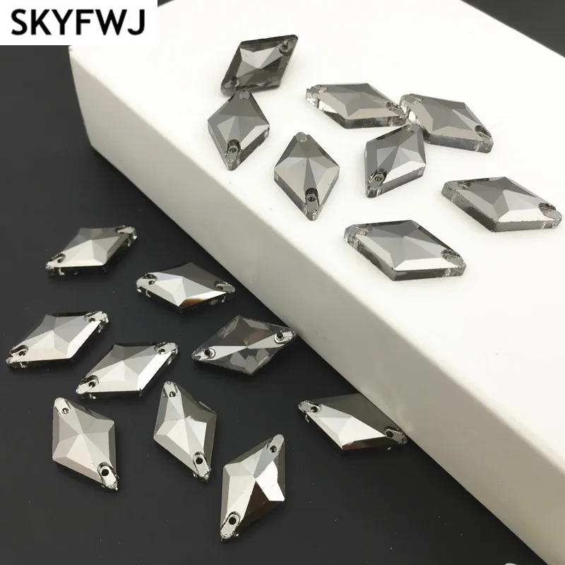 Jet Hematite Color Glass Rhombus Shape Sew On Rhinestone Flatback Sewing Crystal Stones Dress Jewelry Making 11x19mm