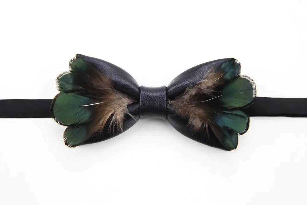 New Free Shipping fashion Men's male 2017 woman necktie Leather feather black bow tie copper chicken year Headdress promotion