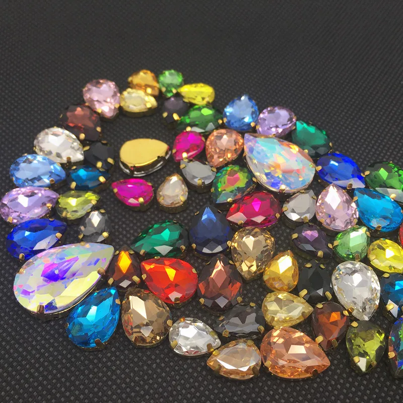 Pear 7x10,10x14,13x18,18x25,20x30 mm glass Crystal In Gold claw many colors tear drop Sew on rhinestone beads wedding dress diy