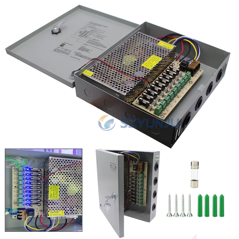 

DC12V 10A Fused 9 Channel CCTV power supply switch box for surveillance camera Security output 120W,9 port CE, LVD Approved