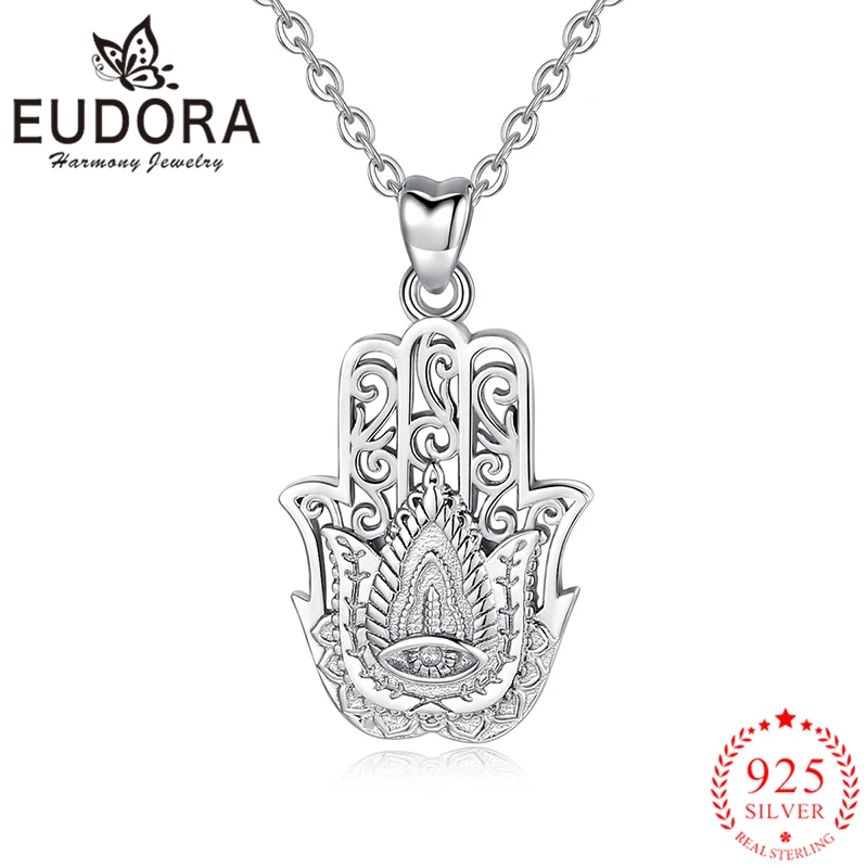 Eudora Genuine  925 Sterling Silver Hamsa Hand Pendant Necklaces for Women Trendy Fashion Sterling Silver Jewelry 2018 New Style