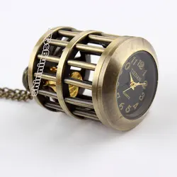 Fashion design bronze bird cage pocket watch necklace pendants chain retro mens watches relogio de bolso