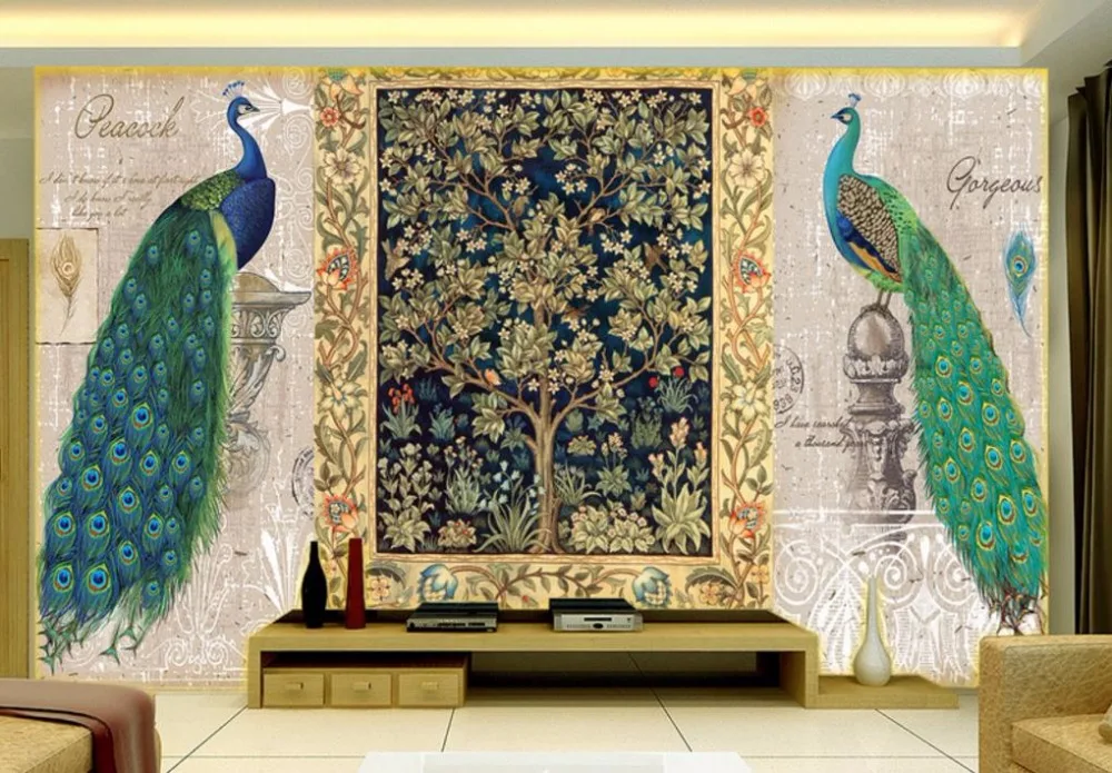 

Custom Classical European Living room bedroom Background wall Tree hand painted peacock photo wallpaper