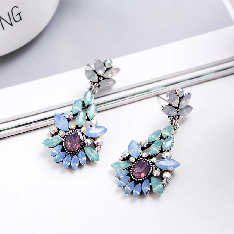 Elegant Blue Purple Crystal Stone Flower Pendant Dangle Earrings Women Rhinestone Acrylic Flower Girl\'s Gift Party Jewelry