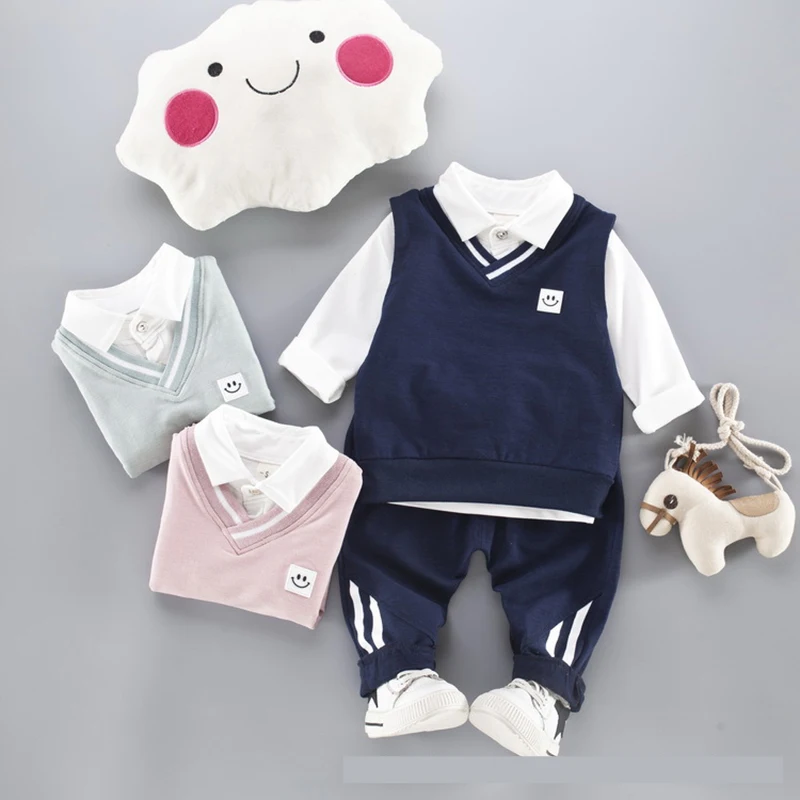 

Infant Baby Boy clothing sets outfit tops T-shirt +vest + pants 3 pcs suit for newborn baby boys clothes preppy style coats set