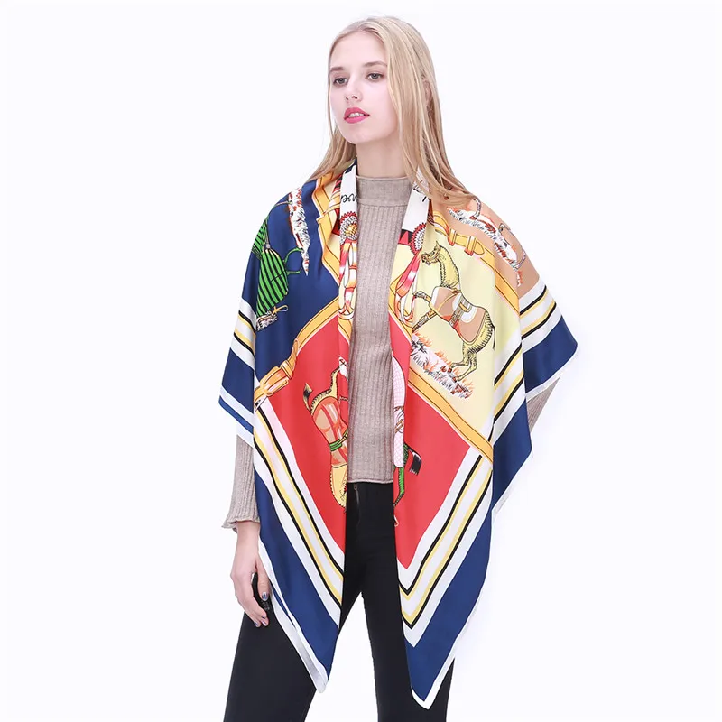 POBING Luxury Brand Twill Silk Scarf Woman Swift Horse Wraps Echarpe Square Female Big Size Shawl Hijab Neckerchief